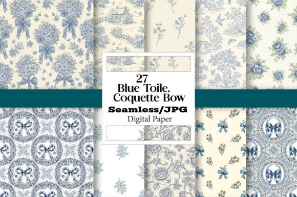 Blue Toile Digital Paper, Coquette Bow: A Designer's Asset