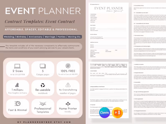 Elegant Event Planner Contract Templates for Canva