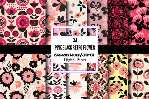 Elevate Your Designs with Seamless Pink Black Retro Flower Paper