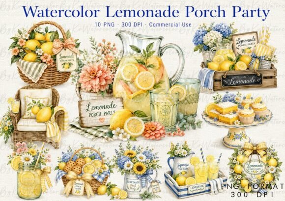 Lemonade Porch Party Watercolor Bundle: Vibrant Creative Assets