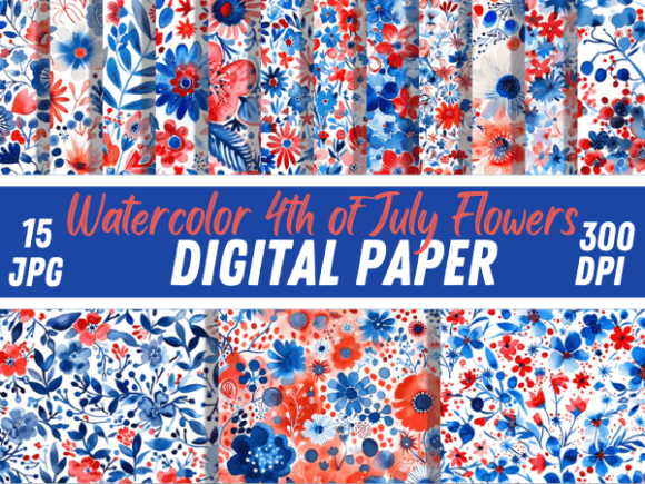 Patriotic Elegance: Watercolor 4th of July Floral Patterns